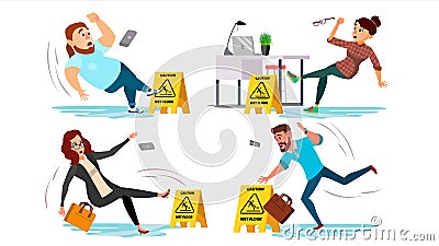 Caution wet floor sign vector. People slips on wet floor. situation in office. Danger sign. Clean Wet Floor. Isolated Vector Illustration