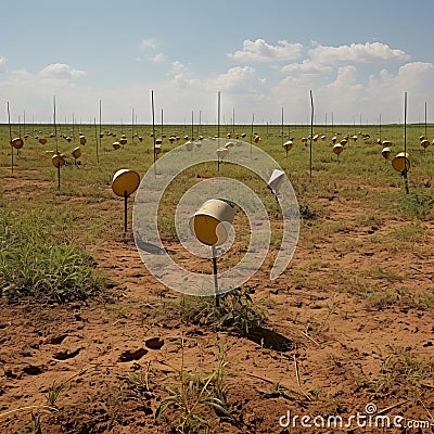 Cautious Path: Lamp-Adorned Minefield Marked for Safe Navigation Stock Photo