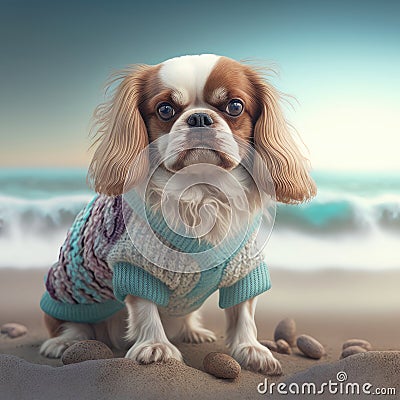 Cavalier spaniel dog in summer costume. Summer dog cavalier king charles spaniel puppy Stock Photo