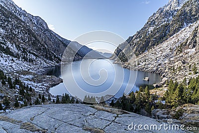 Cavallers reservoir in National Park of AigÃ¼estortes and lake of Sant Maurici Stock Photo
