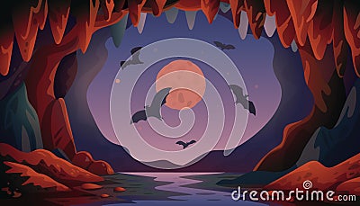 Cave with bats. Night Panoramic vector landscape with flying bats and moon. Vector illustration in flat cartoon style. Cartoon Illustration