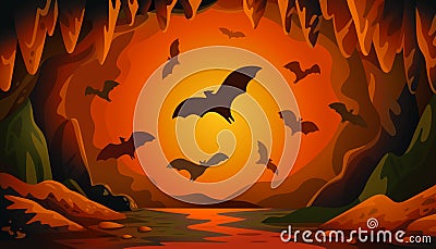 Cave with bats on sunset. Panoramic vector landscape with flying bats and red firelight. Vector illustration in flat Vector Illustration