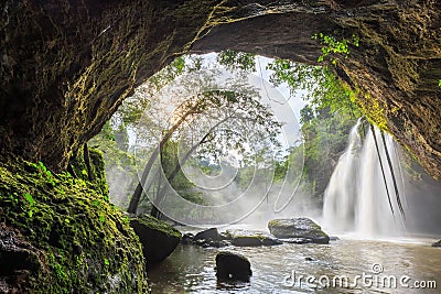 Cave and big waterfall Stock Photo