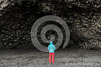 Cave and black basalt columns in Iceland Stock Photo