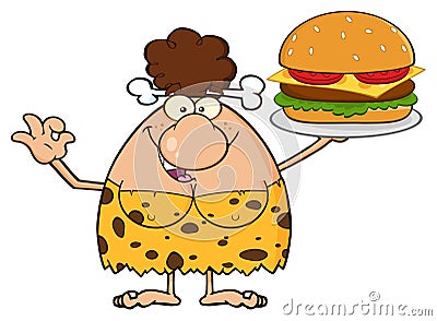 Cave Brunette Woman Cartoon Mascot Character Holding A Big Burger And Gesturing Ok. Vector Illustration