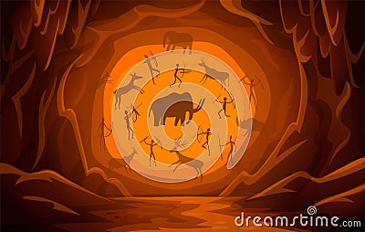 Cave with cave drawings. Cartoon mountain scene background Primitive cave paintings. ancient petroglyphs. Vector Illustration