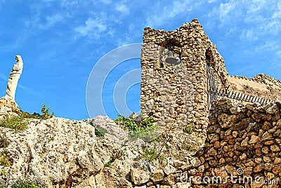 Cave Church Ruins of Ermita Virgen de la Pena in Mijas pueblo, the charming White Village of Costa del Sol, Andalucia, Spain. Stock Photo
