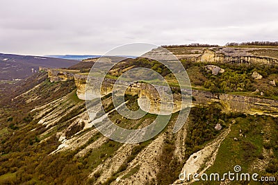 Cave city Bakla, near the city of Bakhchisaray, Crimea. Aerial view Stock Photo