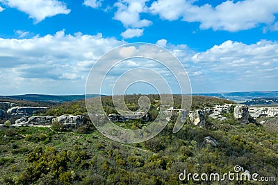 Cave city Eski-Kermen, near the city of Bakhchisaray, Crimea. Aerial panoramic view Stock Photo