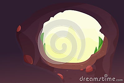 Cave entrance, forest hole with stones and round frame, grass in cartoon style, game background. Ui game design Vector Illustration