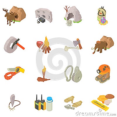 Cave exploration icons set, isometric style Vector Illustration