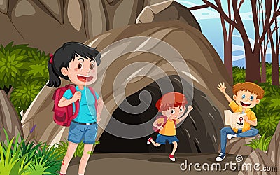 Cave in the forest scene with explorer kids Vector Illustration