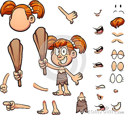 Cave girl with different expressions and body parts Vector Illustration