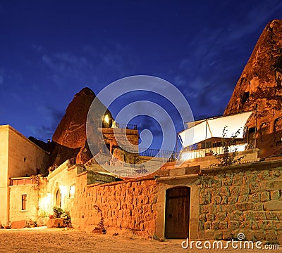 Cave Hotel at night Goreme Turkey Stock Photo