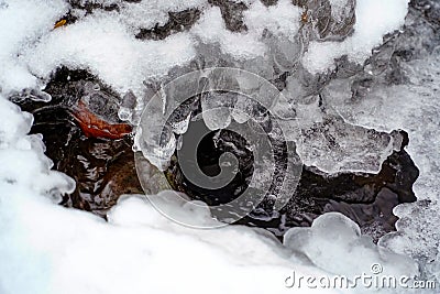 Cave of ice , frozen water , icicles on water Stock Photo