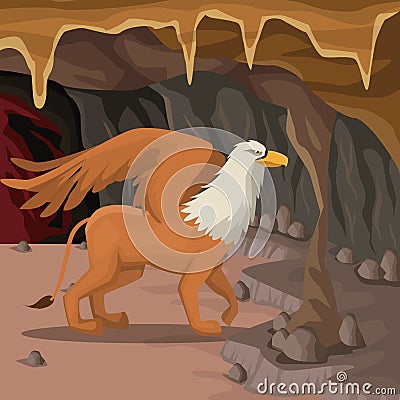 Cave interior background with griff greek mythological creature Vector Illustration