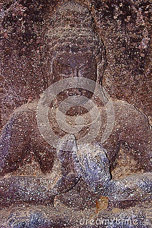 Cave 9, Left shrine Buddha closeup. Aurangabad Caves, Aurangabad, Maharashtra Stock Photo