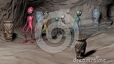 Cave with multi-colored cartoon zombies. 3D rendering Stock Photo