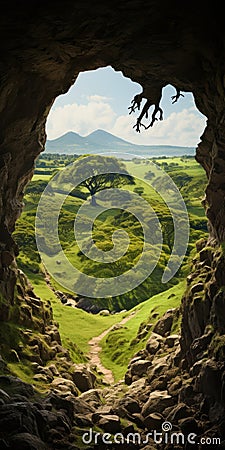 Spectacular Cave With Lone Oak Tree In English Countryside Stock Photo