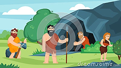 cave people background. prehistoric wild family living walking hunting. Vector male and female primitive persons Vector Illustration