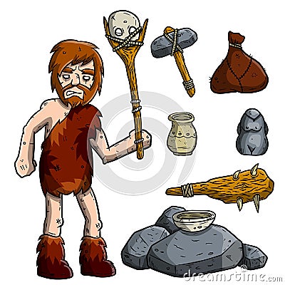 Cave primitive man and weapons. Set of items for hunting. Vector Illustration