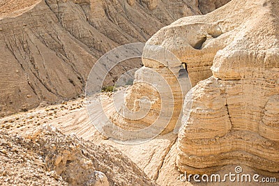 Cave in Qumran, where the dead sea scrolls were found Stock Photo