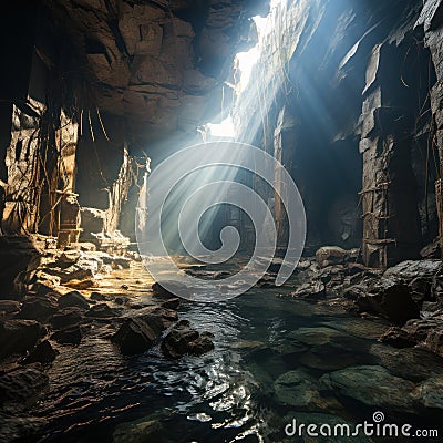 The cave with the reflection of bright fantasy light inside shows the beauty of the stalagmites on the cave walls Stock Photo