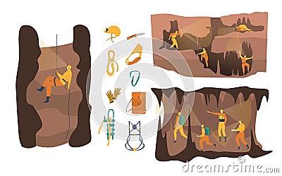 Cave speleology vector illustration, cartoon active speleologist character in adventure, people climbing, abseiling set Vector Illustration