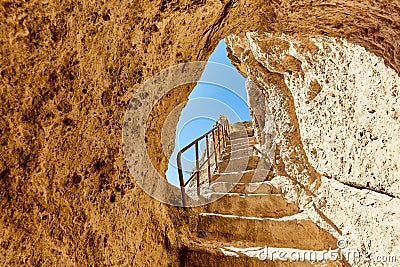 Cave staircase and sky Stock Photo