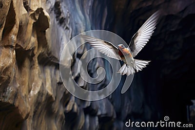 cave swallow mid-flight near stalactites Stock Photo