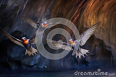 cave swallows in flight, showcasing their iridescent feathers Stock Photo