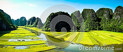 Cave tourist boats in Tam Coc, Ninh Binh, Vietnam Stock Photo