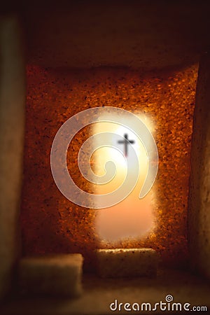 cave or tunnel It is the tomb where his lifeless body is placed. The concept of the resurrection of Jesus in Christianity. Stock Photo