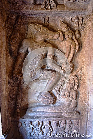 Cave 2 : Varaha avatara boar incarnation of Lord Vishnu, Badami Caves, Karnataka Stock Photo