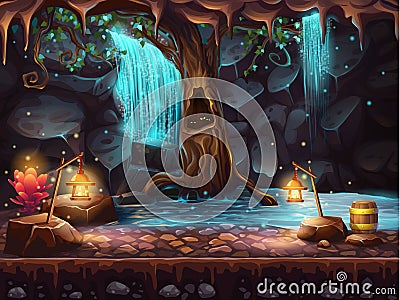 Cave with a waterfall and a magic tree and barrel of gold Vector Illustration