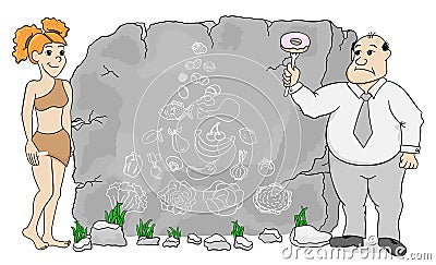 cave woman explains paleo diet using a food pyramid drawn on stone Vector Illustration