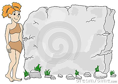 Cave woman in front of stone tablet with copy space Vector Illustration
