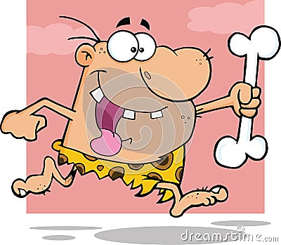 Caveman Cartoon Character Running With A Big Bone Vector Illustration