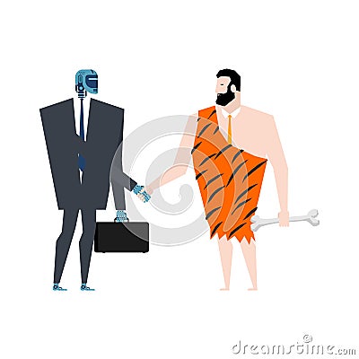 Caveman and Cyborg handshake. Robot and Prehistoric man contract. Artificial Intelligence and Ancient man. Vector illustration Vector Illustration