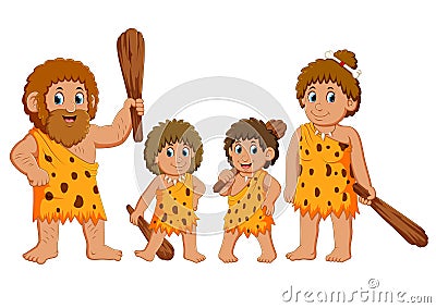 The caveman family is posing and smiling Vector Illustration