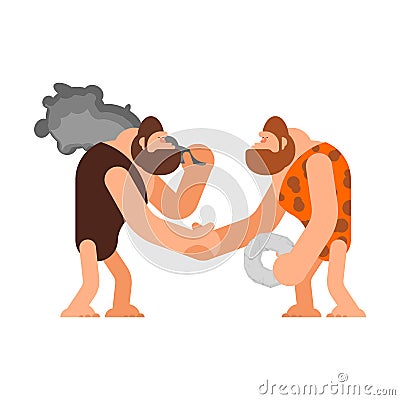 Caveman handshake Businessman deal. Prehistoric man Handshake. S Vector Illustration