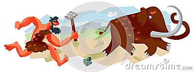 Caveman hunting mammoth in Stone Age. Prehistoric ancient history vector illustration. Man running after animal with axe Vector Illustration