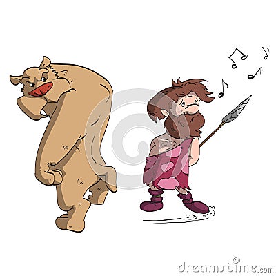 Caveman hunting a sabertooth tiger. Vector Illustration