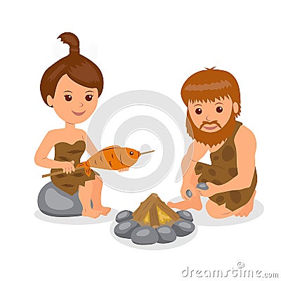 Caveman. Male kindles fire. Female cook the fish on the fire. Vector Illustration