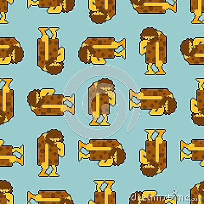 Caveman pixel art pattern seamless. Prehistoric man 8 bit background . Ancient man vector texture Vector Illustration