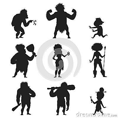 Caveman primitive stone age black silhouette people character evolution vector illustration. Vector Illustration