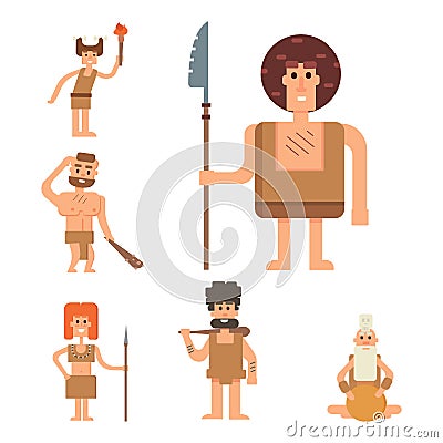 Caveman primitive stone age cartoon neanderthal people character evolution Vector Illustration