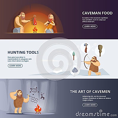 Caveman and woman in prehistoric period. Banners set with place for your text Vector Illustration