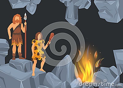 Caveman and woman in prehistoric period in rock cave before fire place. Banners with black background for your text Vector Illustration