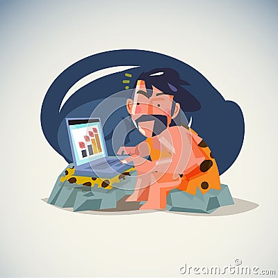 Caveman working with laptop - vector Vector Illustration